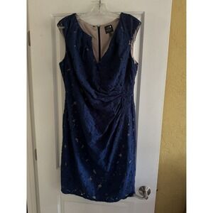 Adrianna Papell Sheath Dress Blue Women's Size 14 Stretch Cotton‎ Lace Career